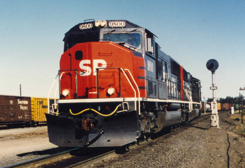SP 9800 leads this train out of the yard
